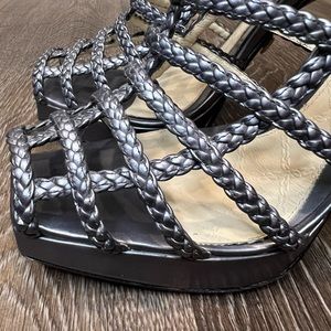 L.A.M.B size 6 gray leather stiletto sandals with braided cage-like silhouette